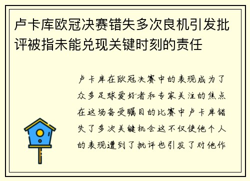 卢卡库欧冠决赛错失多次良机引发批评被指未能兑现关键时刻的责任