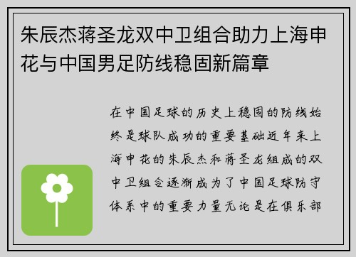 朱辰杰蒋圣龙双中卫组合助力上海申花与中国男足防线稳固新篇章 朱辰杰蒋圣龙双中卫组合助力上海申花与中国男足防线稳固新篇章